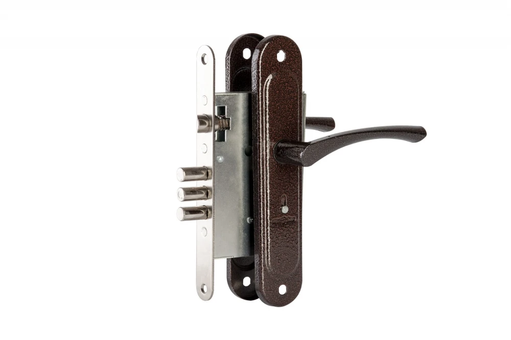 Фото Замок врезной сувальдный с защёлкой в комплекте с ручкой ЗВ9.009/17 (медь), 4 кл.